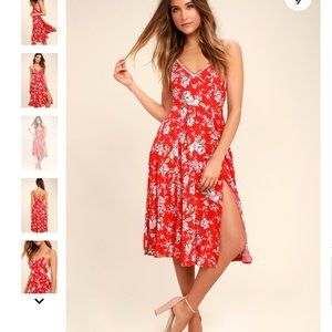 Lulus Esperanza Red Floral Print Midi Dress